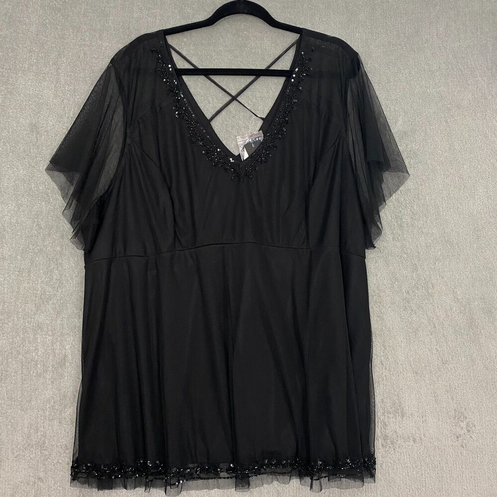 Torrid Women Top 4 Black Beaded Mesh Flutter Sleeve Office Siren Whimsigoth‎ - Picture 3 of 12